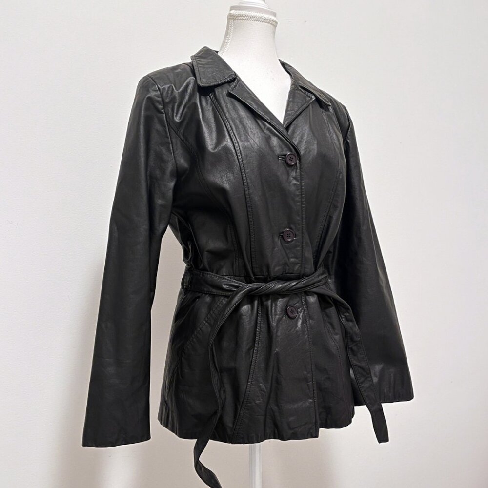 Vintage Black Leather Belted Jacket 80s Minimal Tailored Waist